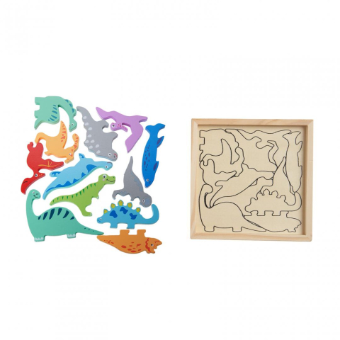 Jucării și Jocuri pentru copii - Puzzle din lemn cu dinozauri, 12 piese, momki