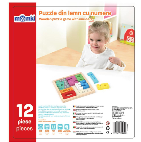 Puzzle cu piese din lemn - Puzzle din lemn cu numere, 12 piese, momki