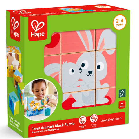 Jucării și Jocuri pentru copii - Puzzle din lemn cuburi - Animale de ferma 3 x 3 varsta 2 ani+