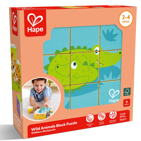 Jucării și Jocuri pentru copii - Puzzle din lemn cuburi - Animale salbatice 3 x 3 varsta 2 ani+