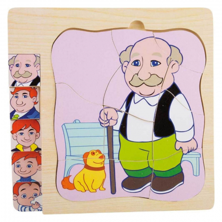 Jucării și Jocuri pentru copii - Puzzle multistrat din lemn ⭐ Ciclul Vietii, Baiat, Bunic