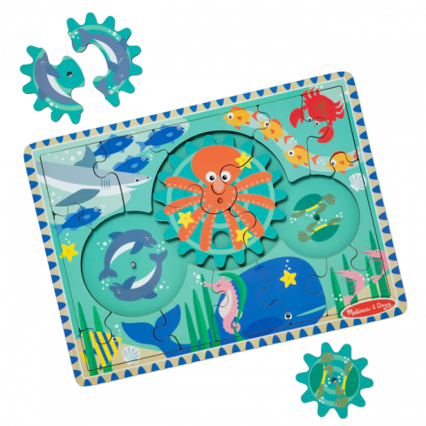 Jucării și Jocuri pentru copii - Puzzle educativ din lemn, cu rotite dintate, Oceanul, 8 piese, pentru copii 3 ani+, Melissa&Doug 31003