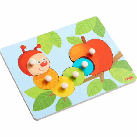 Lichidare stoc - Totul la 9.90 Lei - Puzzle din lemn cu maner, Omida ⭐ Jucarii pentru copii 1 an