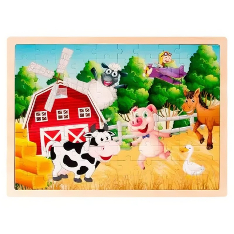 Jucării și Jocuri pentru copii - Puzzle lemn - Animale de la ferma, 100 piese, CNX