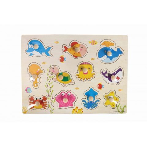 Jucării și Jocuri pentru copii - Puzzle lemn educativ - Invata animale marine, 11 piese, 3+ ani, Colorarte, A-3012