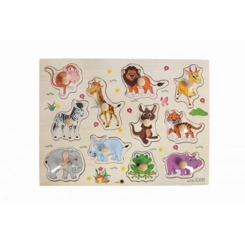 Jucării și Jocuri pentru copii - Puzzle lemn educativ - Invata animale salbatice, 11 piese, 3+ ani, Colorarte, A-3009