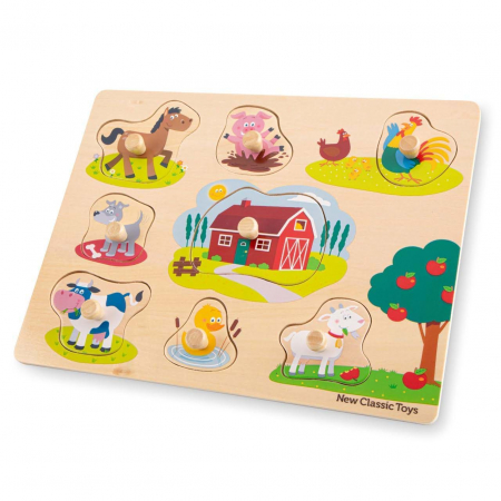 Jucării și Jocuri pentru copii - Puzzle incastru lemn, Ferma, 9 piese cu maner