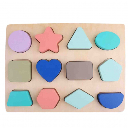 Jucării și Jocuri pentru copii - Puzzle 3D din lemn cu forme geometrice si culori pastel.