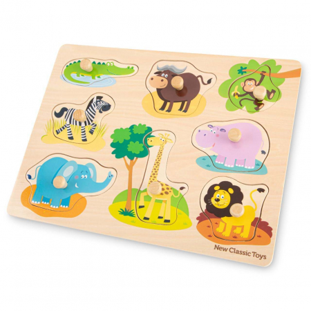 Jucării și Jocuri pentru copii - Puzzle incastru lemn, Safari, 9 piese cu maner