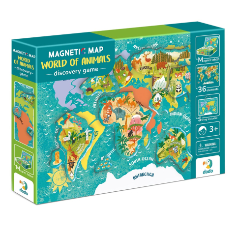 Jucării și Jocuri pentru copii - Puzzle magnetic, Harta Lumii cu Animale, varsta 3-7 ani