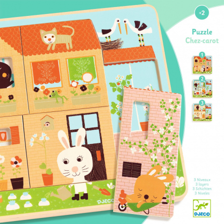 Chez-Carrot, Casuta iepurasilor, Puzzle in 3 straturi, 12 piese, lemn, Djeco, varsta 1 - 3 ani, Baiat, Fata [4]