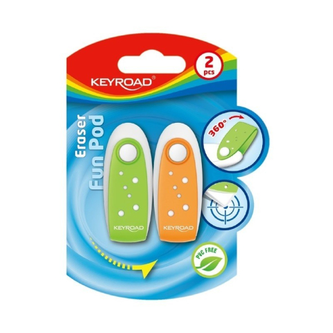 Radiera Keyroad FunPod KR970225, ovala, 56x22x13mm, diverse culori, rotativa, protectie plastic, blister 2 buc [2]