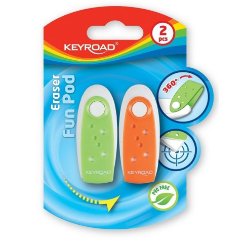 Rechizite Școlare - Radiera Keyroad FunPod KR970225, ovala, 56x22x13mm, diverse culori, rotativa, protectie plastic, blister 2 buc