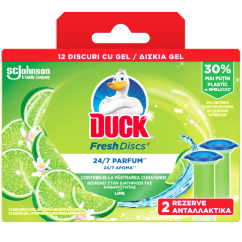 Odorizant toaleta - Rezerve odorizant gel pentru vasul toaletei, Duck Fresh Discs Lime, 12 discuri