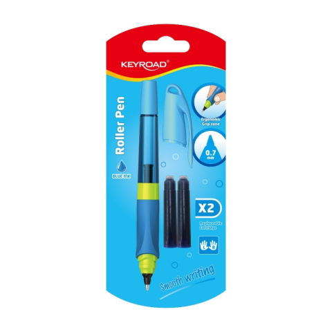 Rollere pentru Scris si Scoala - Roller Keyroad Easy Writer KR971173, 0.7mm, alimentare rezerve, grip ergonomic, corp diverse culori, blister (+2 rezerve)