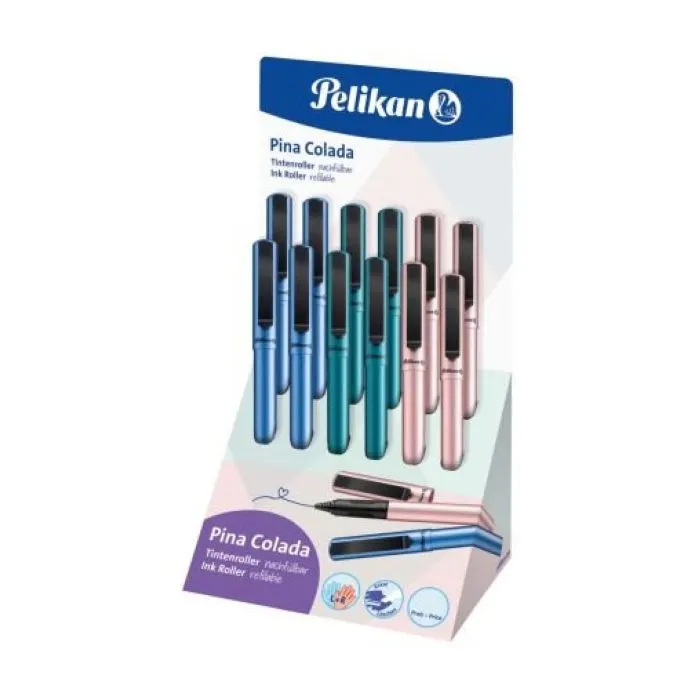 Rechizite Școlare - Roller pina colada 0.7 mm 1 rezerva albastra inclusa  display 12 bucati asortate 3 culori metalizate PELIKAN