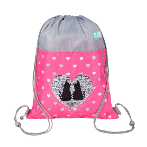 Rechizite Școlare - Rucsac cu snur pentru copii St.Right Sequin Cats 625909, roz cu gri, 34x43cm