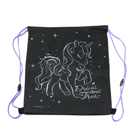 Rechizite Școlare - Rucsac cu snur pentru copii Starpak Unicorn Holo 527157, negru cu mov, 38.5x33cm