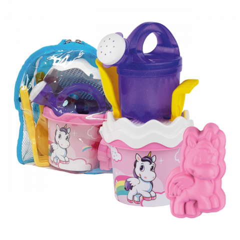 Jucării nisip, plajă și grădină - Rucsac Unicorn cu unelte pentru apa si nisip, galetusa si stropitoare incluse
