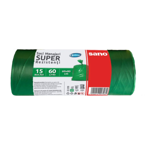 Detergenti si Curatenie - Saci menajeri 60l 15/rola verzi sano optima