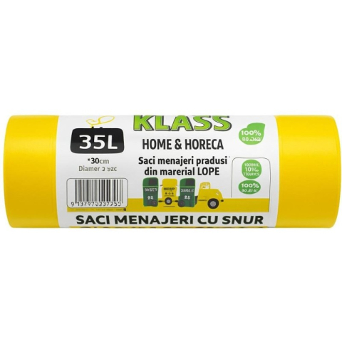 Detergenti si Curatenie - Saci menajeri galbeni cu snur 35L/15 buc rola  Klass