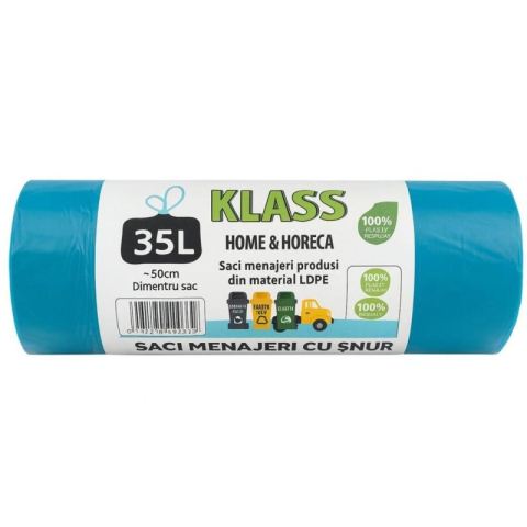Detergenti si Curatenie - Saci menajeri turcoaz cu snur 35L/15 buc Rola  Klass