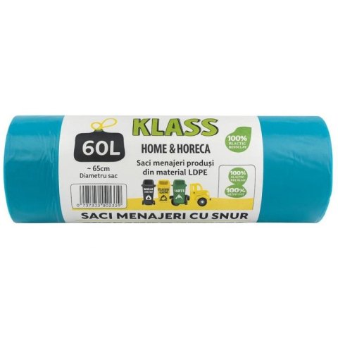 Detergenti si Curatenie - Saci menajeri Turcoaz cu snur 60L /10 buc rola  Klass