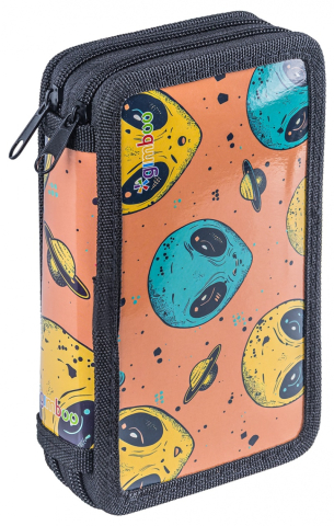 Rechizite Școlare - School pencil case GIMBOO with accessories 2 compartments Jumbo Alien orange-black