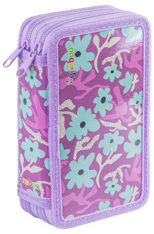 Rechizite Școlare - School pencil case GIMBOO with accessories 2 compartments Jumbo Flowers purple