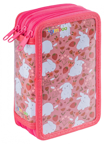 Rechizite Școlare - School pencil case GIMBOO with accessories 3 compartments Bunnies pink