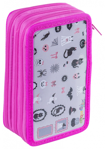 Rechizite Școlare - School pencil case GIMBOO with accessories 3 compartments Halloween pink