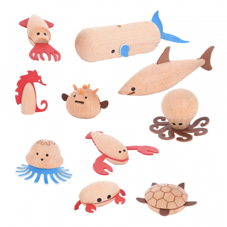 Jucării STEM, Știință şi Experimente - Sea Creatures, set 10 animale marine din lemn, 3-7 ani
