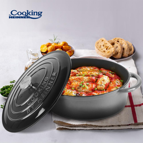 Semioala  fonta emailata ovala + capac 37x29x15 cm, 9l marble grey, cooking by heinner [4]
