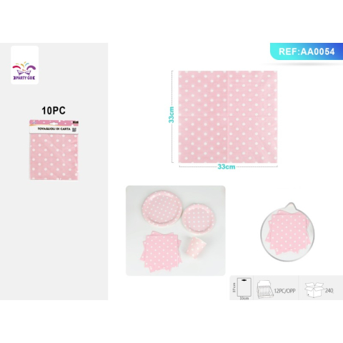 Vesela pentru petrecere - Servetele petrecere PartyGo, 33x33cm, buline albe, roz, AA0054, set 10 buc