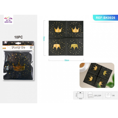 Vesela pentru petrecere - Servetele petrecere PartyGo, 33x33cm, coroana aurie, negru, BK0026, set 10 buc
