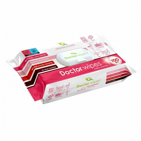 Akciók - Servetele umede cu bicarbonat si otet, pentru suprafete multiple, Doctor Wipes, 25 x 22 cm, 100 de bucati   pachet.