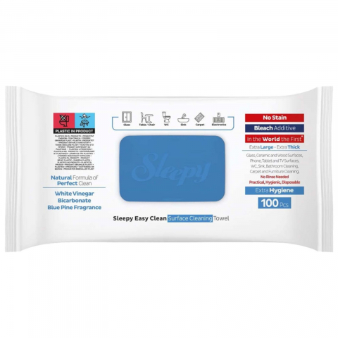 Prosoape de bucatarie si servetele - Servetele Umede Sleepy Easy Clean Bleach Additive, 100 Buc – Otet si Bicarbonat, Miros Pin Albastru