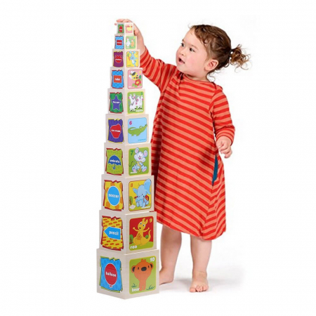 Piramida, set 10 cuburi din lemn Turn Montessori pentru copii. [0]