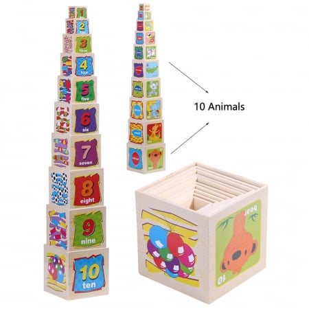 Piramida, set 10 cuburi din lemn Turn Montessori pentru copii. [2]