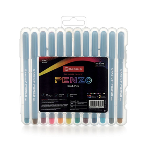 Birotică și Papetărie - Set 10x Pix cu gel Radius Penzo, 1.0mm, cu capac, corp transparent, blister 12 culori