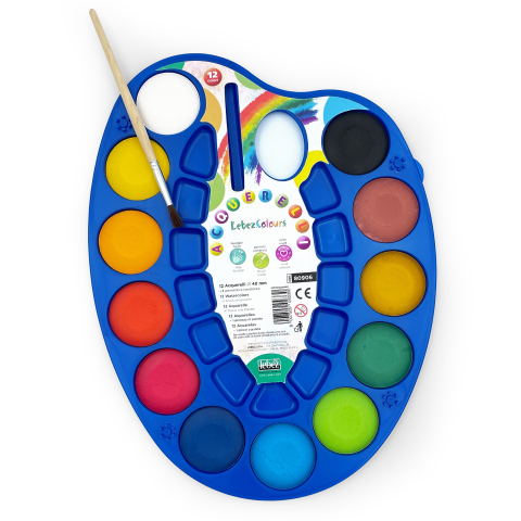 Rechizite Școlare - Set 12 culori acuarela, forma paleta, cu pensula inclusa, copii varsta 3 ani+,6 ani+,8 ani+