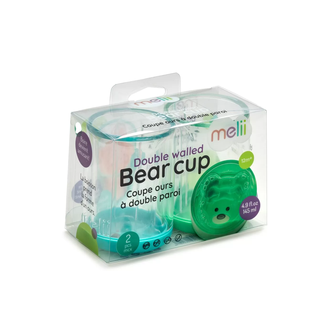 Diversificare si Ingrijire Bebe - Set 2 pahare copii design interior urs, melii, albastru&verde, varsta de la 6 luni la 6 ani