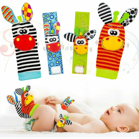 Sosete antiderapante bebe si copii - Set 2 Sosete si 2 Bratari Zornaitoare Bebelusi – Animale Vesele, 0+ Luni