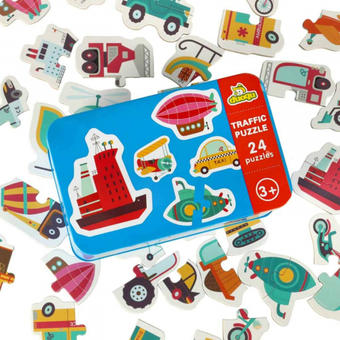 Puzzle cu piese mari - Puzzle educativ cu mijloace de transport, 24 perechi, cutie metalica, 3 ani+