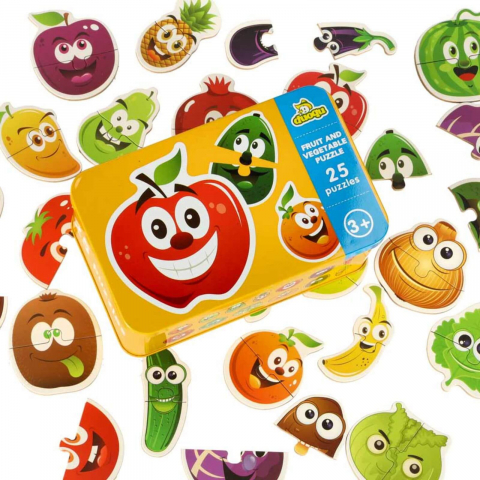 Jucării și Jocuri pentru copii - Set puzzle educativ cu fructe si legume, 25 perechi, cutie metalica, 3 ani+