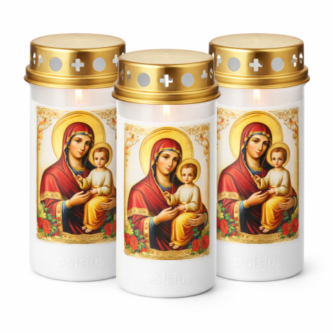 Lumanari & Aromaterapie - Set 3 bucati Candela plastic cu capac, Maica Domnului, timp de ardere 50 ore, 13.5 cm, Alb