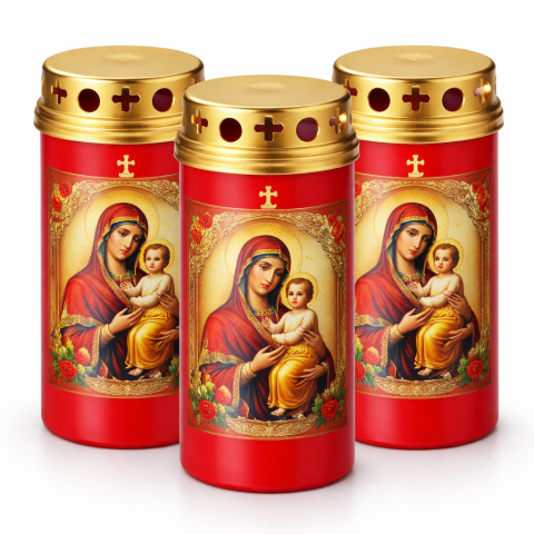 Lumanari & Aromaterapie - Set 3 bucati Candela plastic cu capac, Maica Domnului, timp de ardere 50 ore, 13.5 cm, Rosu