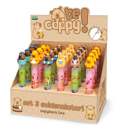 Rechizite Școlare - Set 3 mini evidentiatori BeCappy Capibara – in 3 culori pastelate, pret/1 buc