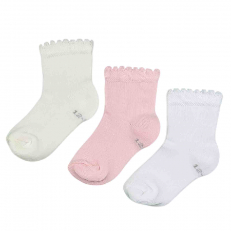 Diversificare si Ingrijire Bebe - Set 3 perechi sosete bebelusi clasice, bumbac, roz, alb - Micostore.ro