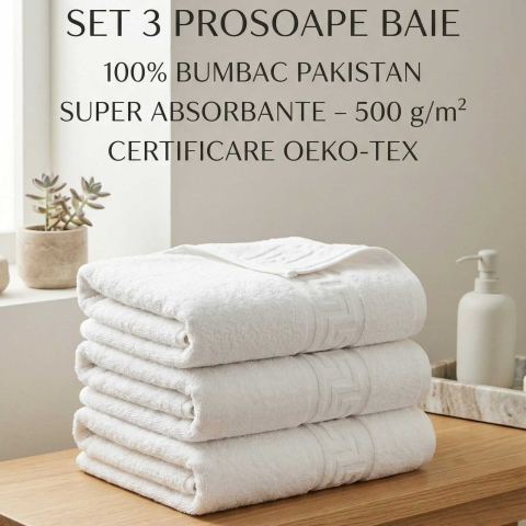 Prosoape de hartie si servetele - Set 3 Prosoape Baie 70x130 cm 100% Bumbac Pakistan 500 g/m² Alb OEKO TEX